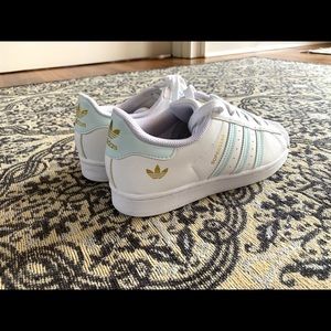 Ladies "Adidas Superstars" - size 6 - white w/light blue stripes - worn1x